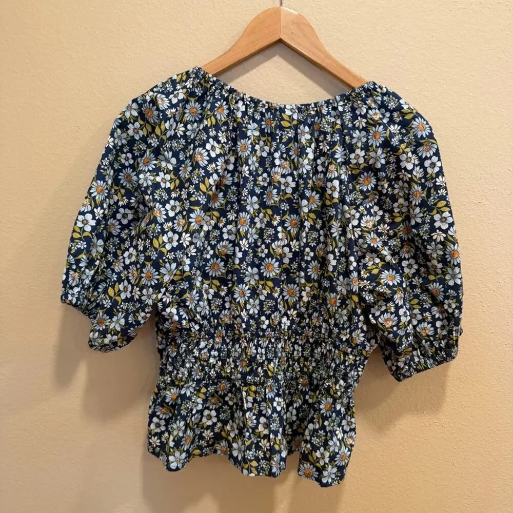 Old Navy Blue Cotton Floral Puff Sleeve Blouse Top Medium
